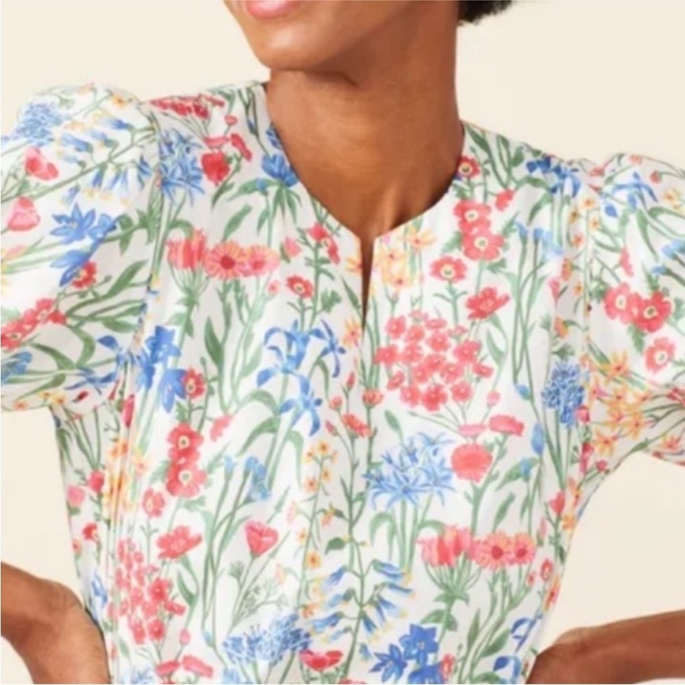 J. McLaughlin spring floral cotton pull on dress, drawstring waist long sleeves - Picture 8 of 12